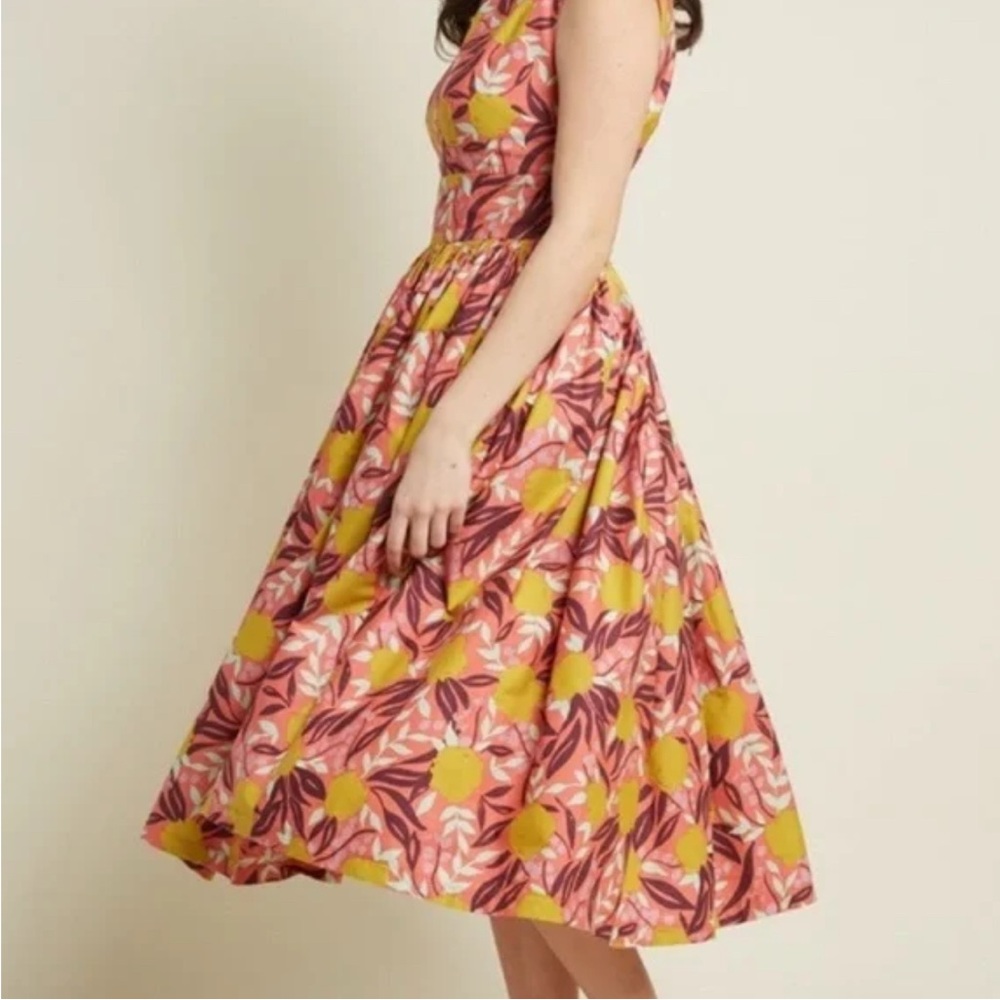 Modcloth Pink and Yellow Leaf Print Midi Dress
